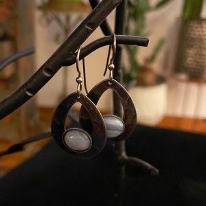 Light blue glass stone dented silver-like metal earrings